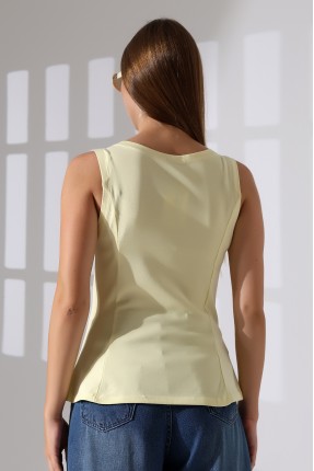 Relax Fit Rahat Kesim Kayıkçı Yaka Eteği Volanlı Yanları Kuplu Basic Kolsuz Kadın T-Shirt 22070 AÇIK SARI