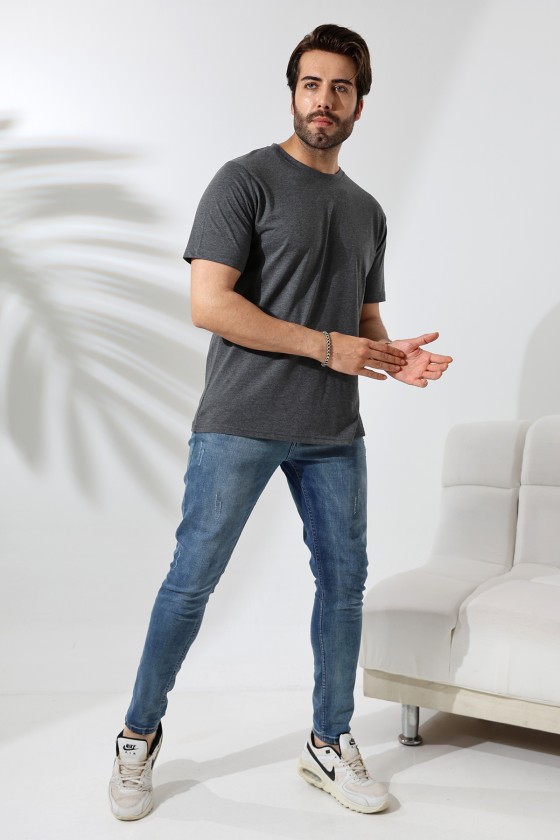 Erkek %100 Pamuklu Penye Kompakt Bisiklet Yaka Comfort Fit Basic T-Shirt 21751 ANTRASİTMELANJ