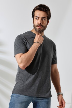 Erkek %100 Pamuklu Penye Kompakt Bisiklet Yaka Comfort Fit Basic T-Shirt 21751 ANTRASİTMELANJ