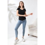 Arkası Çapraz Biye Detaylı U Yaka Penye Kompakt Likralı Kısa Kol T-Shirt 21218 SİYAH