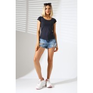 Arkası Çapraz Biye Detaylı U Yaka Penye Kompakt Likralı Kısa Kol T-Shirt 21218 FÜME