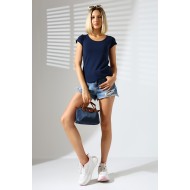 Arkası Çapraz Biye Detaylı U Yaka Penye Kompakt Likralı Kısa Kol T-Shirt 21218 LACİVERT