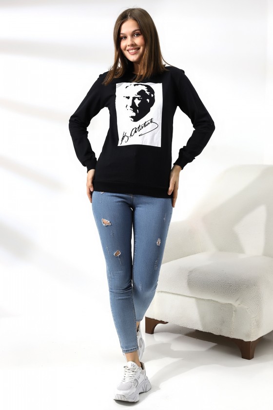 Atatürk Baskılı Sweatshirt 19159 SİYAH