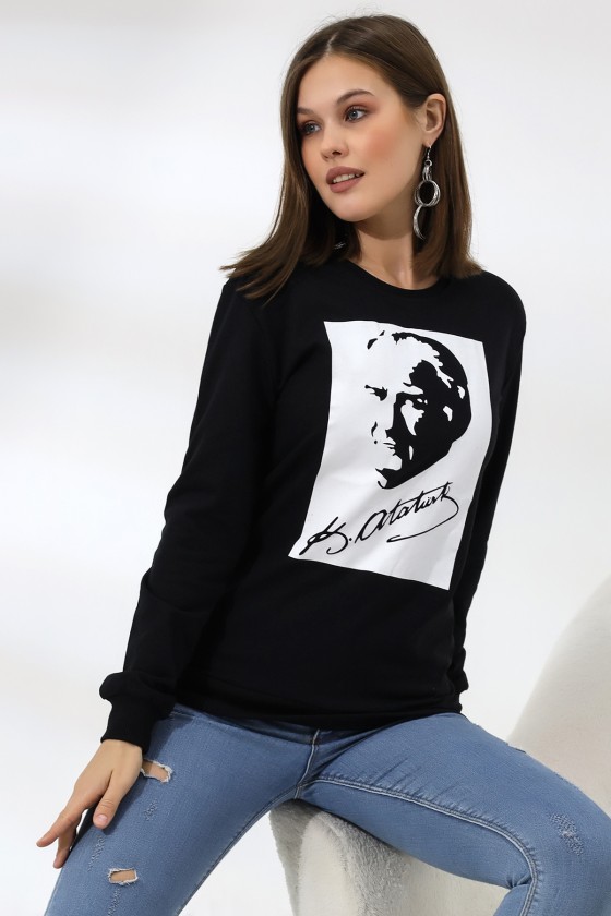 Atatürk Baskılı Sweatshirt 19159 SİYAH