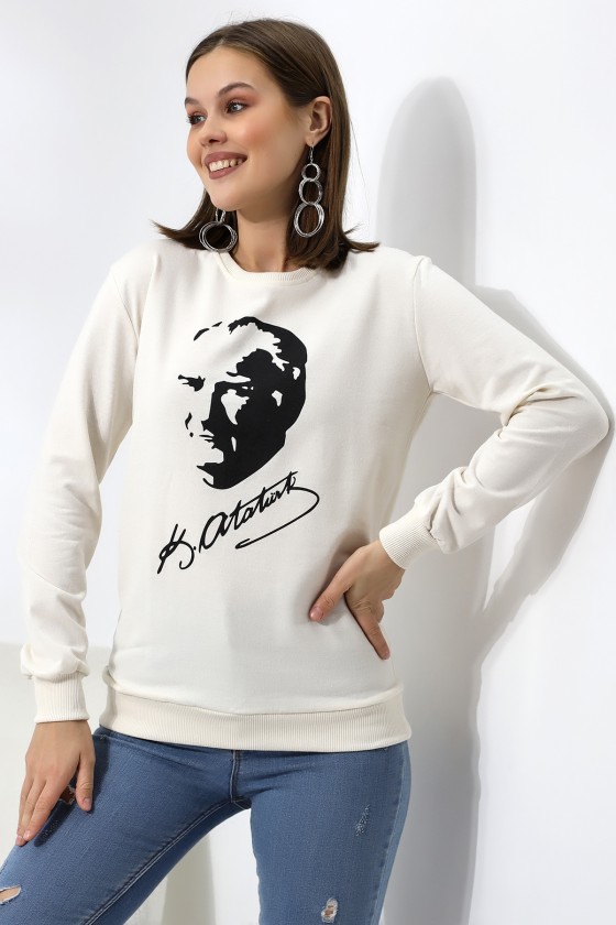 Atatürk Baskılı Sweatshirt 19159 EKRU