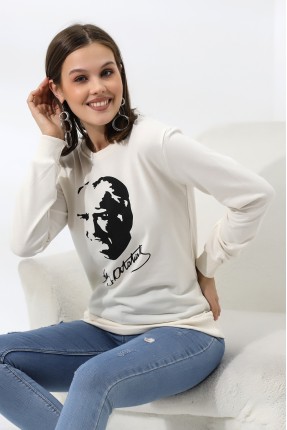 Atatürk Baskılı Sweatshirt 19159 EKRU