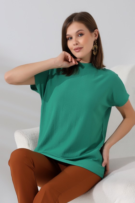 Bürümcük Kumaş Dik Yaka T-Shirt 21122 BENETTON YEŞİLİ