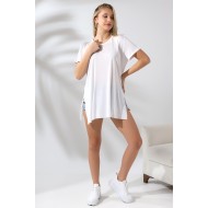 Kolları Katlamalı Yanları Yırtmaçlı Salaş T-Shirt 19598 BEYAZ