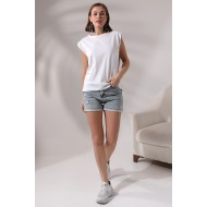 Omuzları Vatkalı Pamuklu T-Shirt 19619 BEYAZ