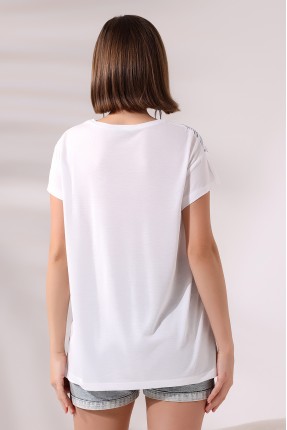 Etnik Baskılı Kısa Kol Salaş Bisiklet Yaka T-Shirt 21260 BEYAZ