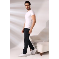 Pis Dikim V Yaka Penye Kompakt Likralı Basic Kısa Kol T-Shirt 19955 BEYAZ