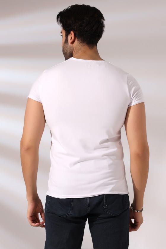 Pis Dikim V Yaka Penye Kompakt Likralı Basic Kısa Kol T-Shirt 19955 BEYAZ