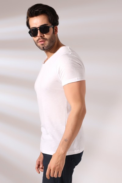 Pis Dikim V Yaka Flamlı T-Shirt 19958 BEYAZ Pis Dikim V Yaka Flamlı T-Shirt 19958 BEYAZ