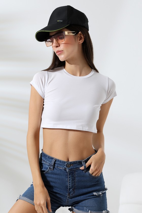 Bisiklet Yaka Kompakt Penye Esnek Kumaş Crop T-Shirt 21750 BEYAZ