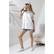 Oversize Bisiklet Yaka %100 Pamuk Penye Kompakt Basic T-Shirt 21752 BEYAZ