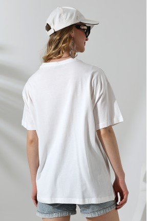 Oversize Bisiklet Yaka %100 Pamuk Penye Kompakt Basic T-Shirt 21752 BEYAZ