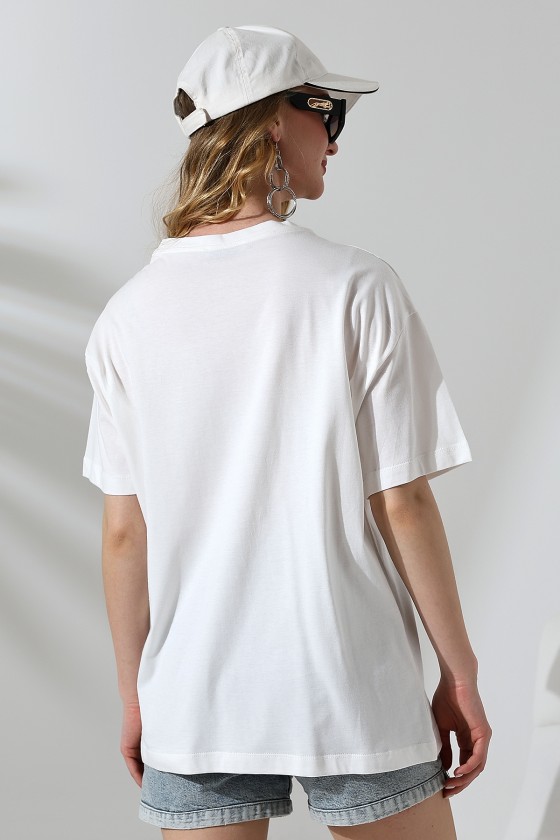 Oversize Bisiklet Yaka %100 Pamuk Penye Kompakt Basic T-Shirt 21752 BEYAZ