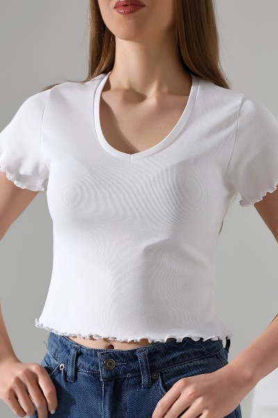 %100 Pamuk V Yaka Büzgülü Detay Basic Kadın T-Shirt 21810 BEYAZ