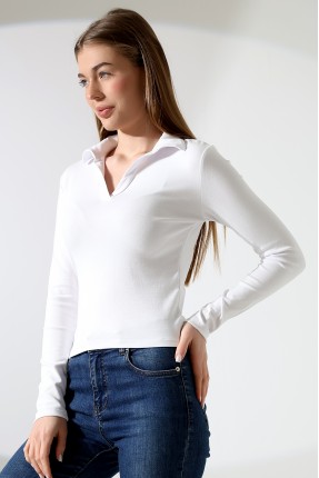 Düğmesiz Gömlek Yaka Uzun Kol Basic Kadın T-Shirt 21938 BEYAZ