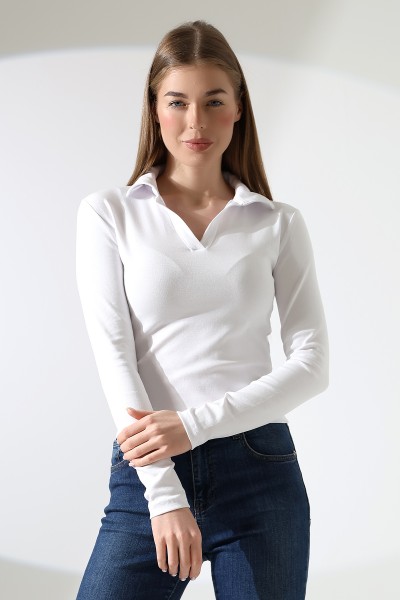 Düğmesiz Gömlek Yaka Uzun Kol Basic Kadın T-Shirt 21938 BEYAZ