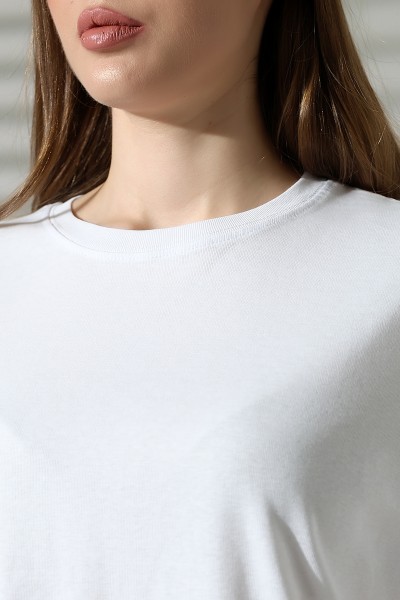 %100 Pamuk Ribana Kumaş Bisiklet Yaka Kısa Kol Oversize Basic Düz Kadın T-Shirt 21964 BEYAZ
