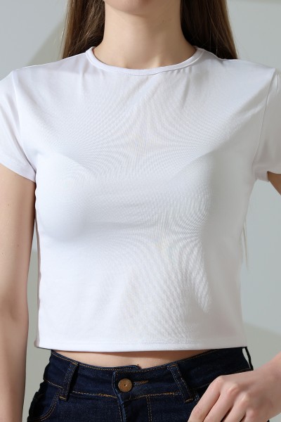 Soft Touch Bisiklet Yaka Kısa Kollu Crop Kesim Basic Düz Kadın T-Shirt 21974 BEYAZ