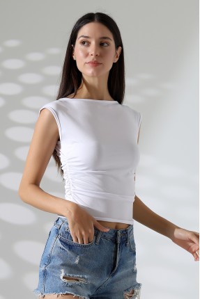 Kayık Yaka Japone Kol Büzgülü Basic Kolsuz Kadın T-Shirt 21895 BEYAZ