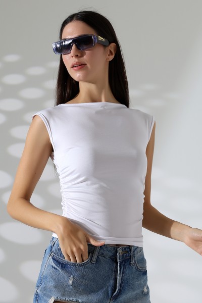 Kayık Yaka Japone Kol Büzgülü Basic Kolsuz Kadın T-Shirt 21895 BEYAZ