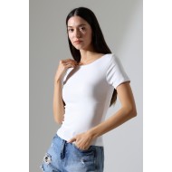 Ribana Kumaş Kayık Yaka Kısa Kol Basic Kadın T-Shirt 21996 BEYAZ