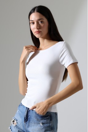 Ribana Kumaş Kayık Yaka Kısa Kol Basic Kadın T-Shirt 21996 BEYAZ