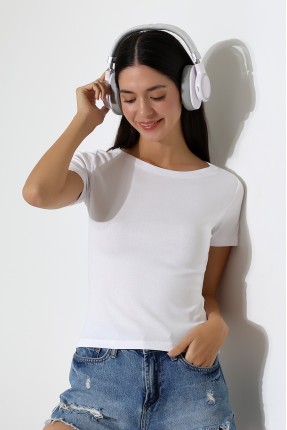 Ribana Kumaş Kayık Yaka Kısa Kol Basic Kadın T-Shirt 21996 BEYAZ