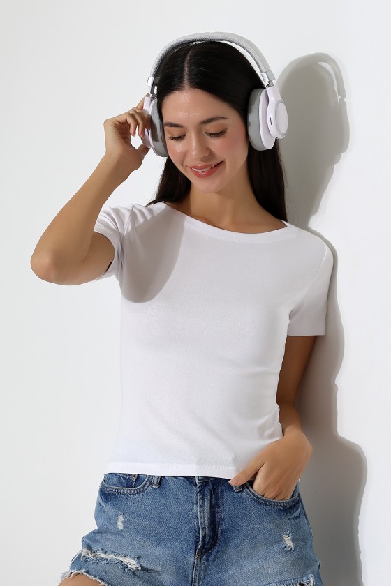 Ribana Kumaş Kayık Yaka Kısa Kol Basic Kadın T-Shirt 21996 BEYAZ