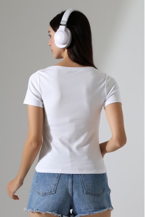 Ribana Kumaş Kayık Yaka Kısa Kol Basic Kadın T-Shirt 21996 BEYAZ
