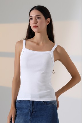 Ribana Kumaş Kare Yaka Kalın Askılı Biyeli Basic Kadın Atlet T-Shirt 22018 BEYAZ