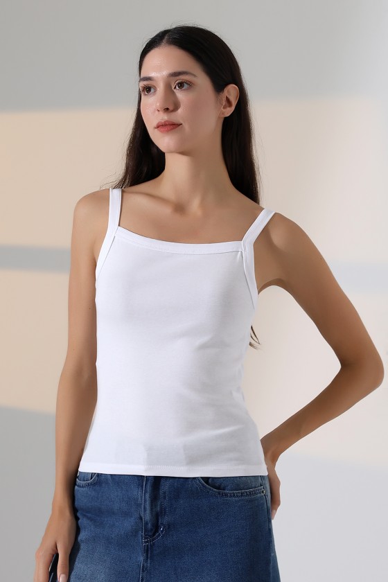 Ribana Kumaş Kare Yaka Kalın Askılı Biyeli Basic Kadın Atlet T-Shirt 22018 BEYAZ