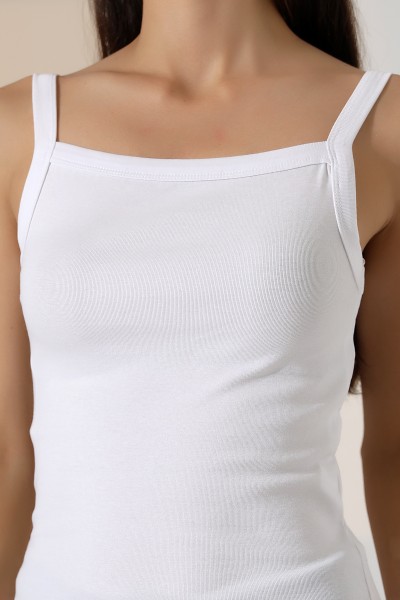 Ribana Kumaş Kare Yaka Kalın Askılı Biyeli Basic Kadın Atlet T-Shirt 22018 BEYAZ