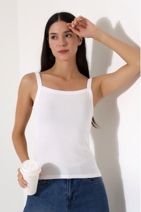 Ribana Kumaş Kare Yaka Kalın Askılı Biyeli Basic Kadın Atlet T-Shirt 22018 BEYAZ