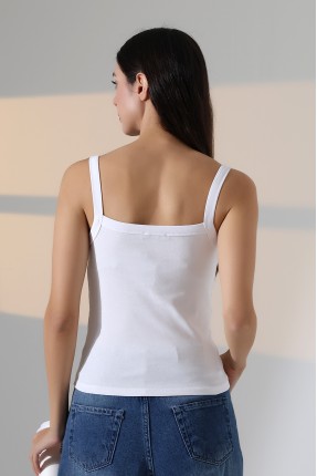 Ribana Kumaş Kare Yaka Kalın Askılı Biyeli Basic Kadın Atlet T-Shirt 22018 BEYAZ