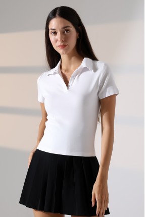 Relax Fit Rahat Kesim Pamuklu Ribana Gömlek Yaka Kısa Kol Basic Kadın Tshirt 22023 BEYAZ
