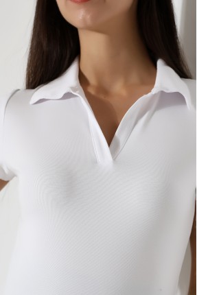 Relax Fit Rahat Kesim Pamuklu Ribana Gömlek Yaka Kısa Kol Basic Kadın Tshirt 22023 BEYAZ
