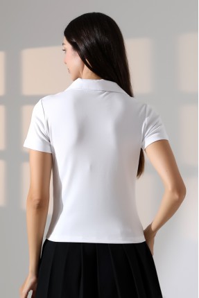 Relax Fit Rahat Kesim Pamuklu Ribana Gömlek Yaka Kısa Kol Basic Kadın Tshirt 22023 BEYAZ