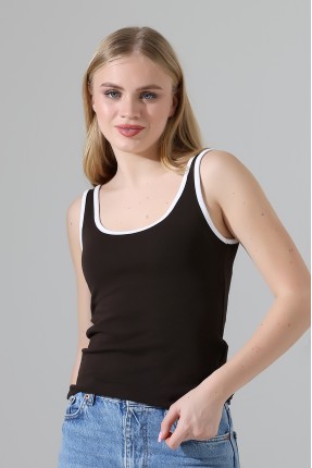 Beyaz Biye Detaylı Likralı Bluz Atlet 21765 KAHVE