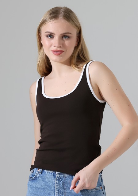 Beyaz Biye Detaylı Likralı Bluz Atlet 21765 KAHVE