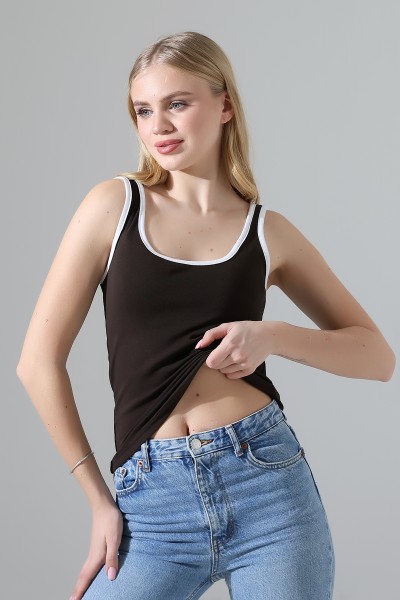 Beyaz Biye Detaylı Likralı Bluz Atlet 21765 KAHVE