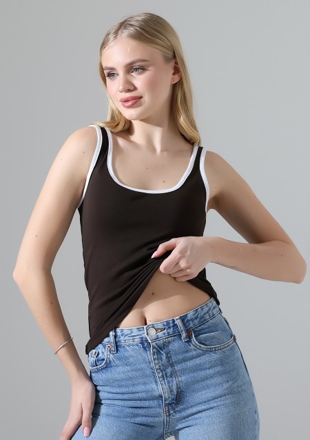 Beyaz Biye Detaylı Likralı Bluz Atlet 21765 KAHVE