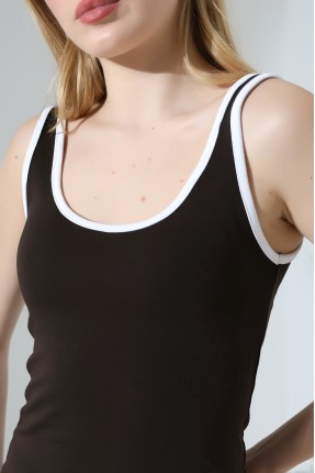 Beyaz Biye Detaylı Likralı Bluz Atlet 21765 KAHVE