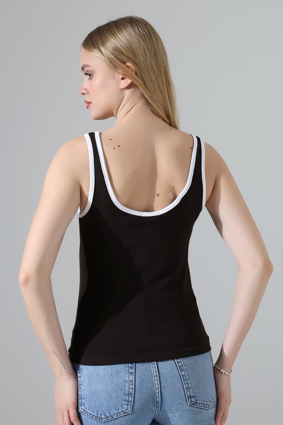 Beyaz Biye Detaylı Likralı Bluz Atlet 21765 KAHVE