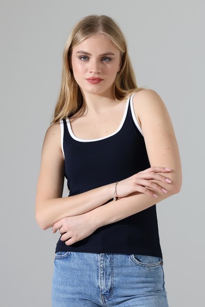 Beyaz Biye Detaylı Likralı Bluz Atlet 21765 LACİVERT