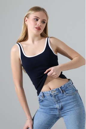 Beyaz Biye Detaylı Likralı Bluz Atlet 21765 LACİVERT