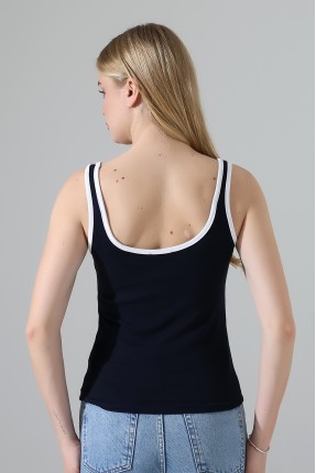 Beyaz Biye Detaylı Likralı Bluz Atlet 21765 LACİVERT